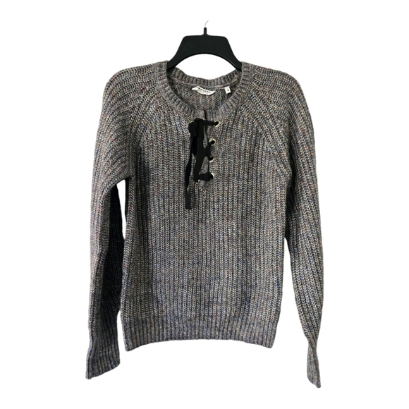 Naf Naf Womens Sweater Gray Sz M Tie Front Crew Neck Long Sleeve Knit Academia - Picture 1 of 8